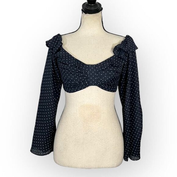 Alexis Ewa Crop Top Women's XS Navy Blue White Polka Dot Long Sleeve Bell Sleeve - Picture 2 of 7